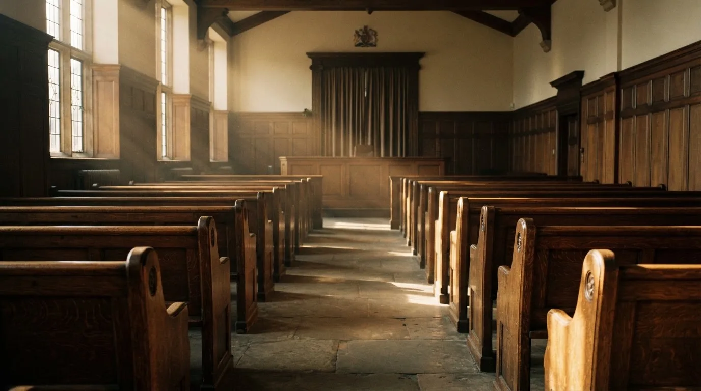 An empty courtroom with wooden benches in morning light