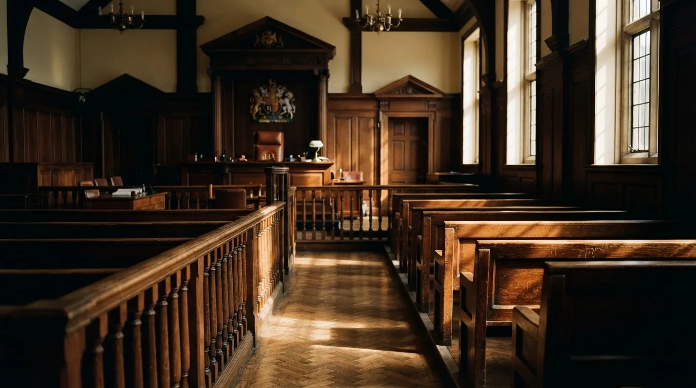 An empty courtroom with wooden benches in morning light