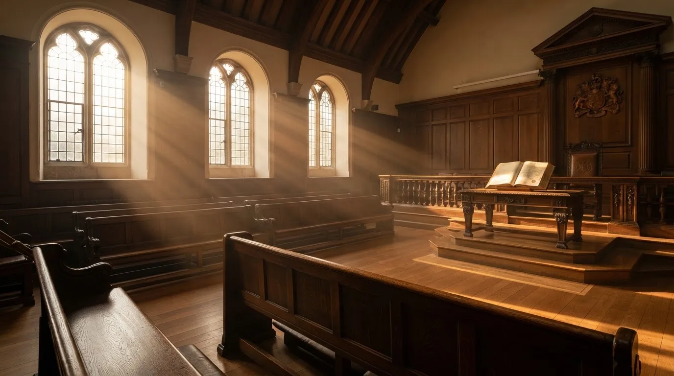 An empty courtroom with wooden benches in morning light