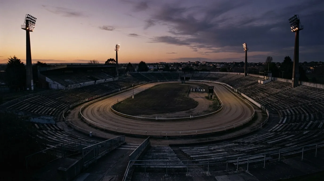 An empty football stadium with floodlight masts at dusk