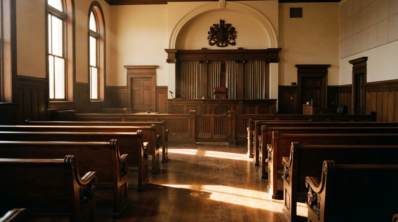 An empty courtroom with wooden benches in morning light