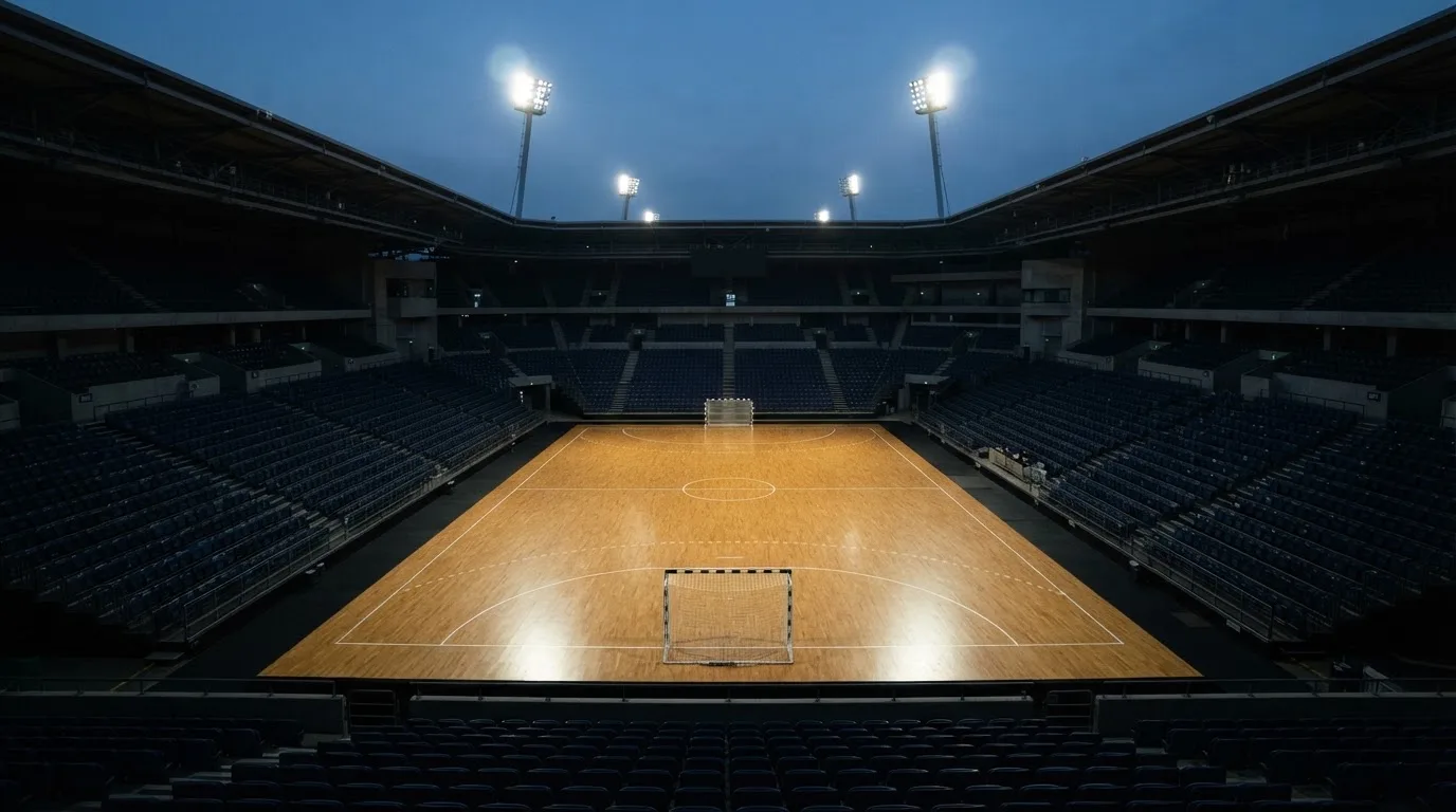 An empty football stadium with floodlight masts at dusk