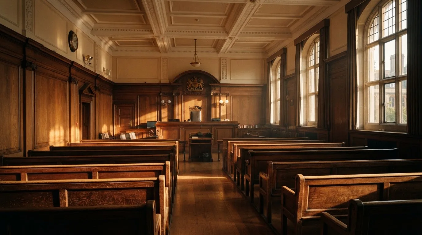 An empty courtroom with wooden benches in morning light