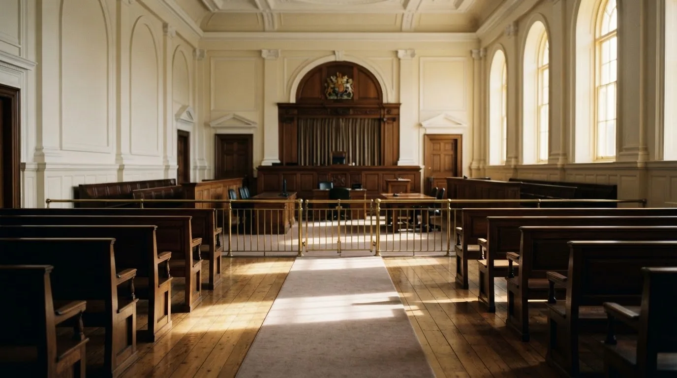 An empty courtroom with wooden benches in morning light