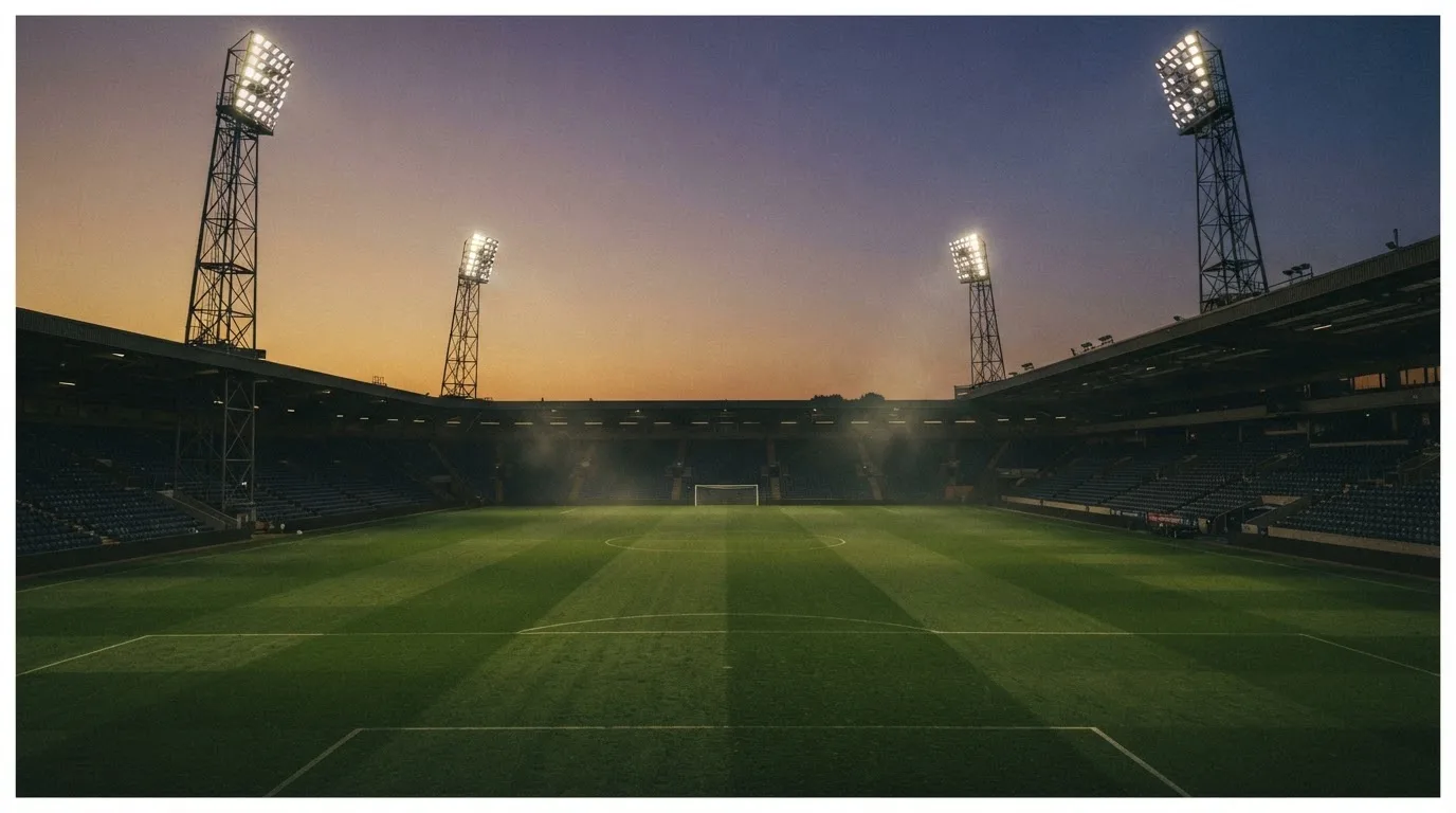 An empty football stadium with floodlight masts at dusk