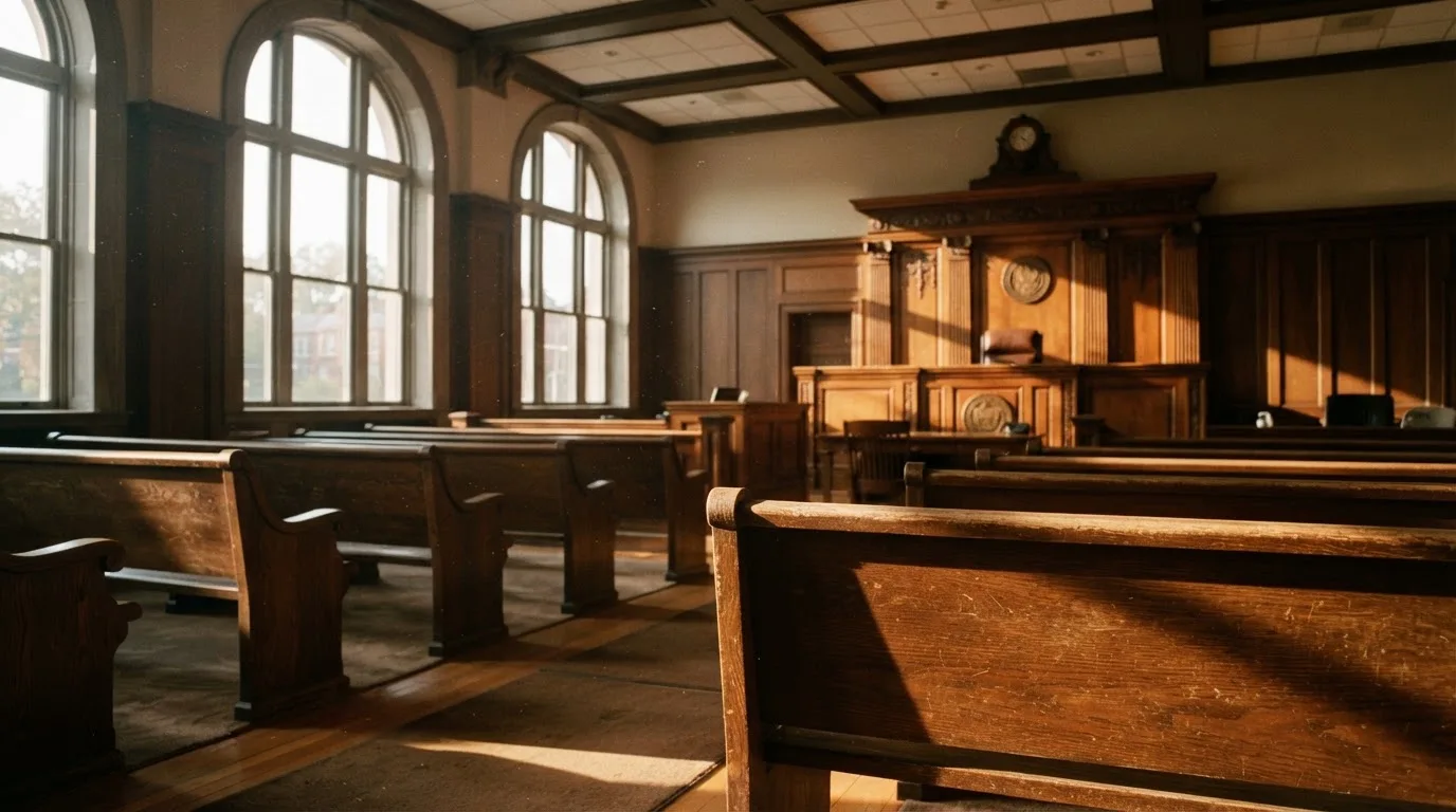 An empty courtroom with wooden benches in morning light