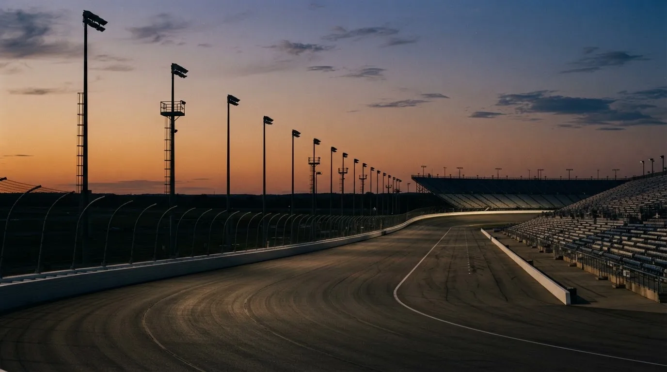 An empty football stadium with floodlight masts at dusk