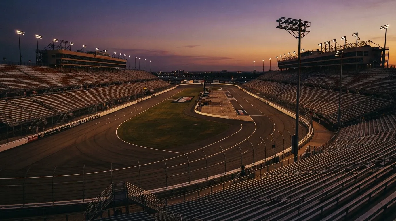 An empty football stadium with floodlight masts at dusk