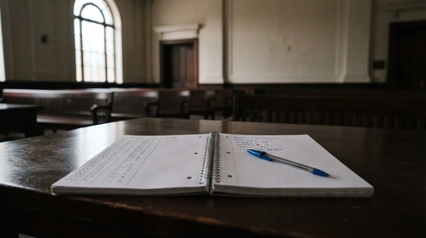 An empty courtroom with wooden benches in morning light