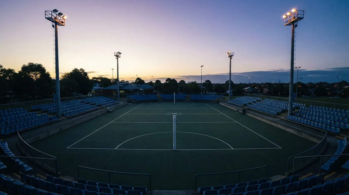 An empty football stadium with floodlight masts at dusk