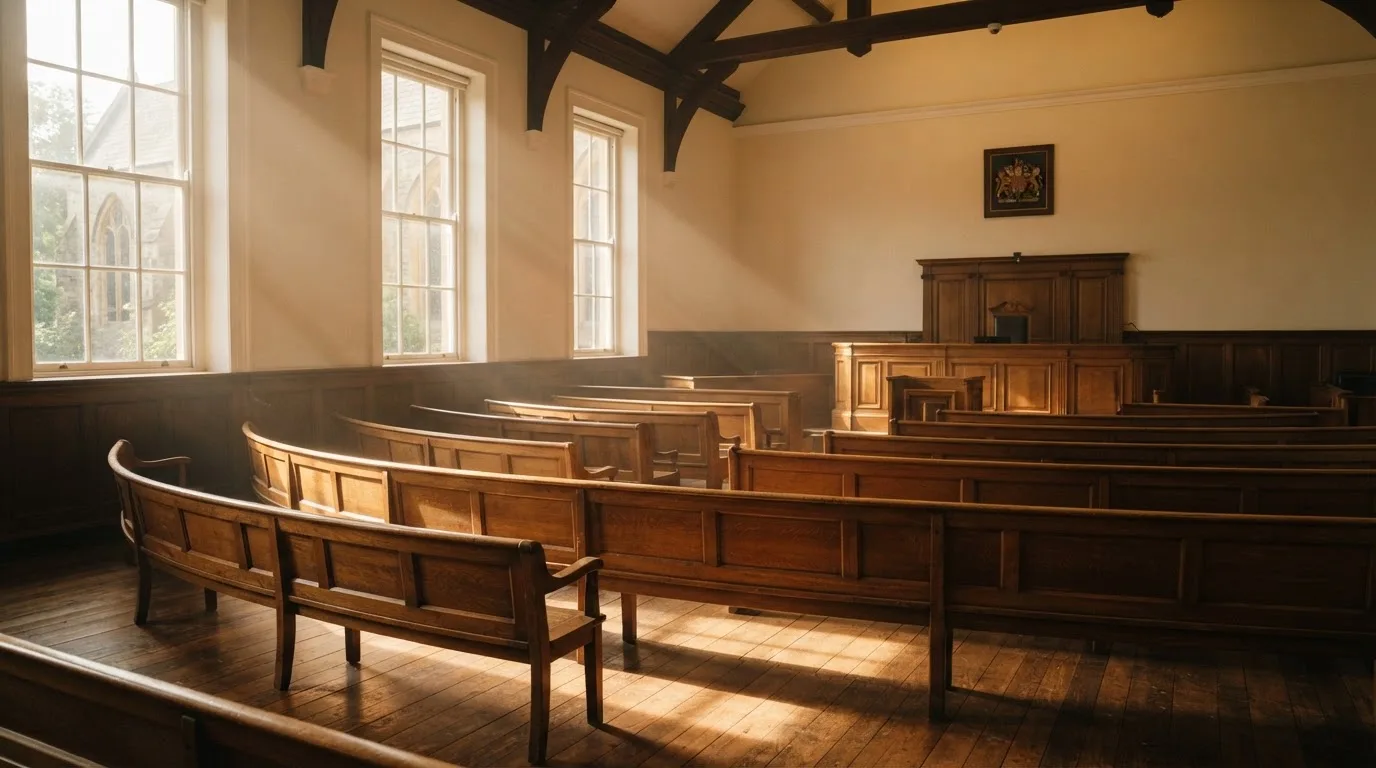 An empty courtroom with wooden benches in morning light