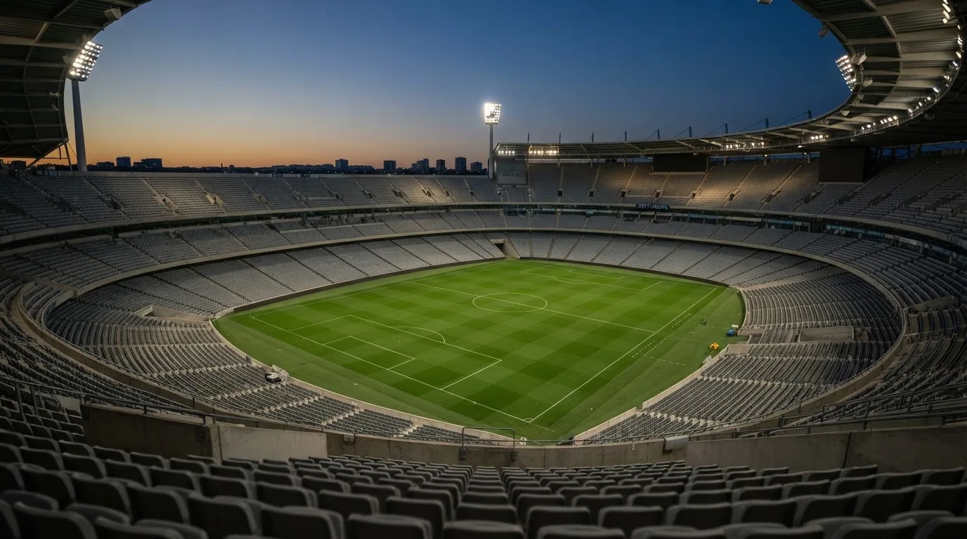 An empty football stadium with floodlight masts at dusk