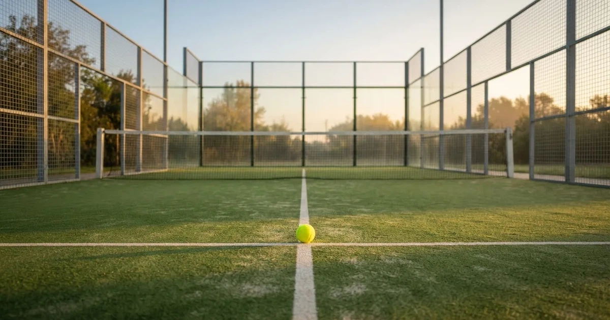 A ball on the centre spot of a grass pitch in morning light