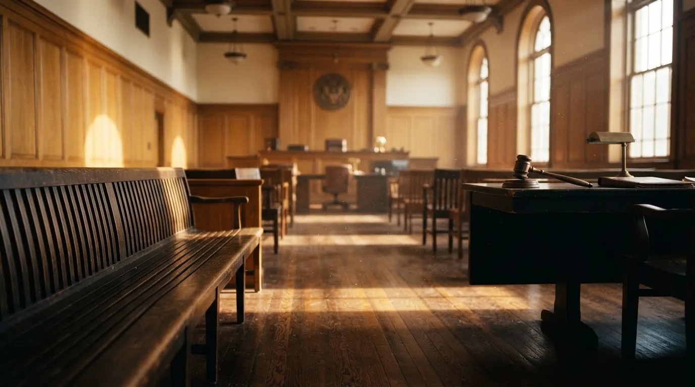 An empty courtroom with wooden benches in morning light