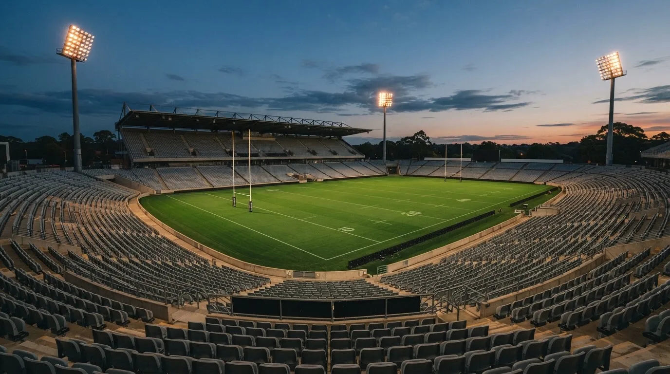 An empty football stadium with floodlight masts at dusk
