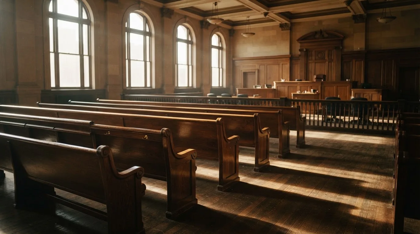 An empty courtroom with wooden benches in morning light