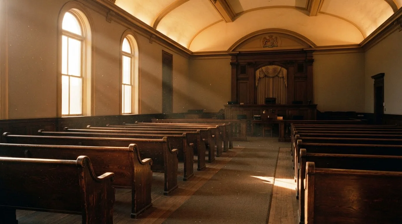 An empty courtroom with wooden benches in morning light