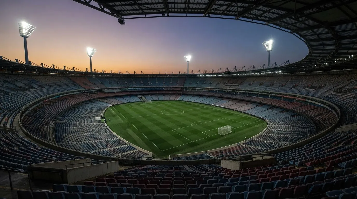 An empty football stadium with floodlight masts at dusk