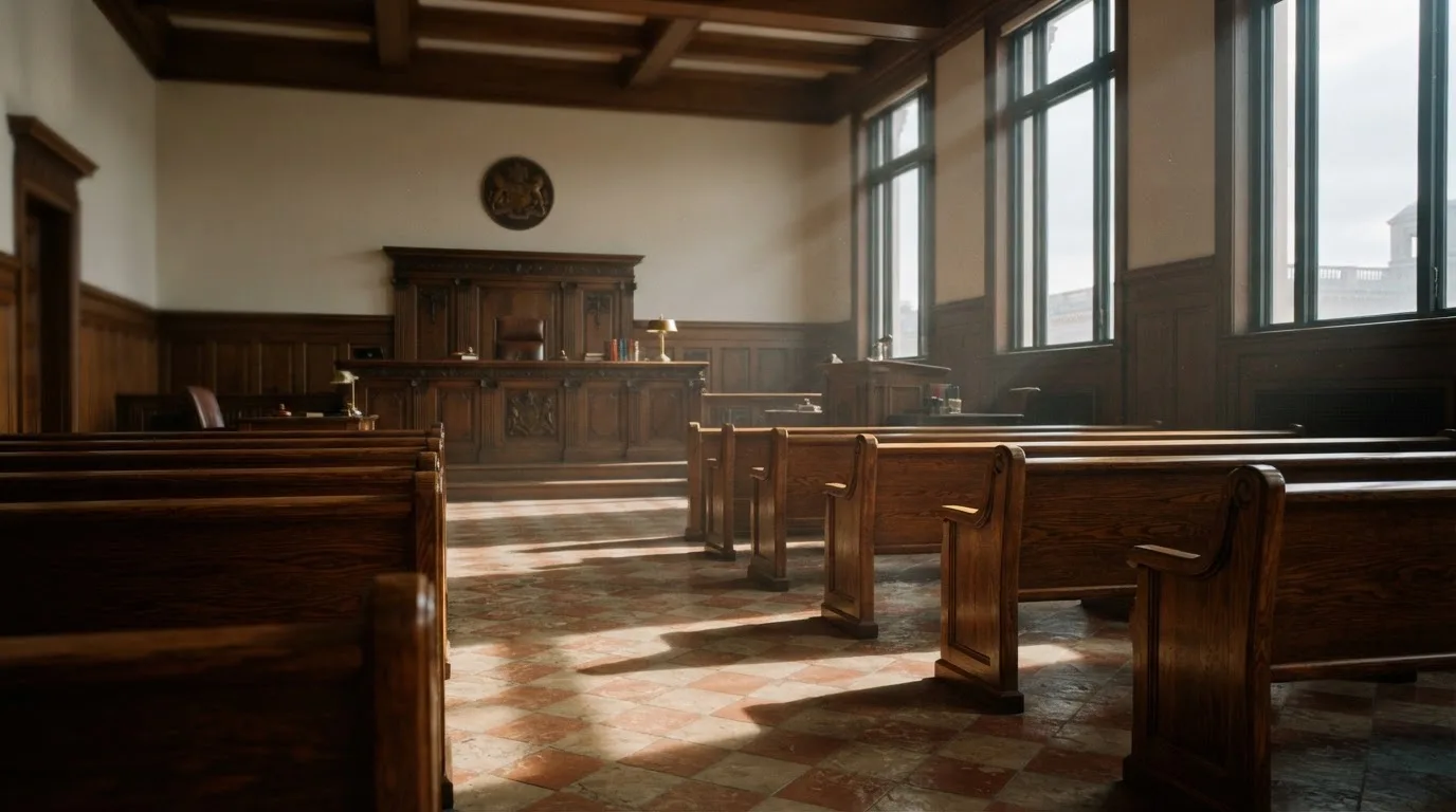 An empty courtroom with wooden benches in morning light