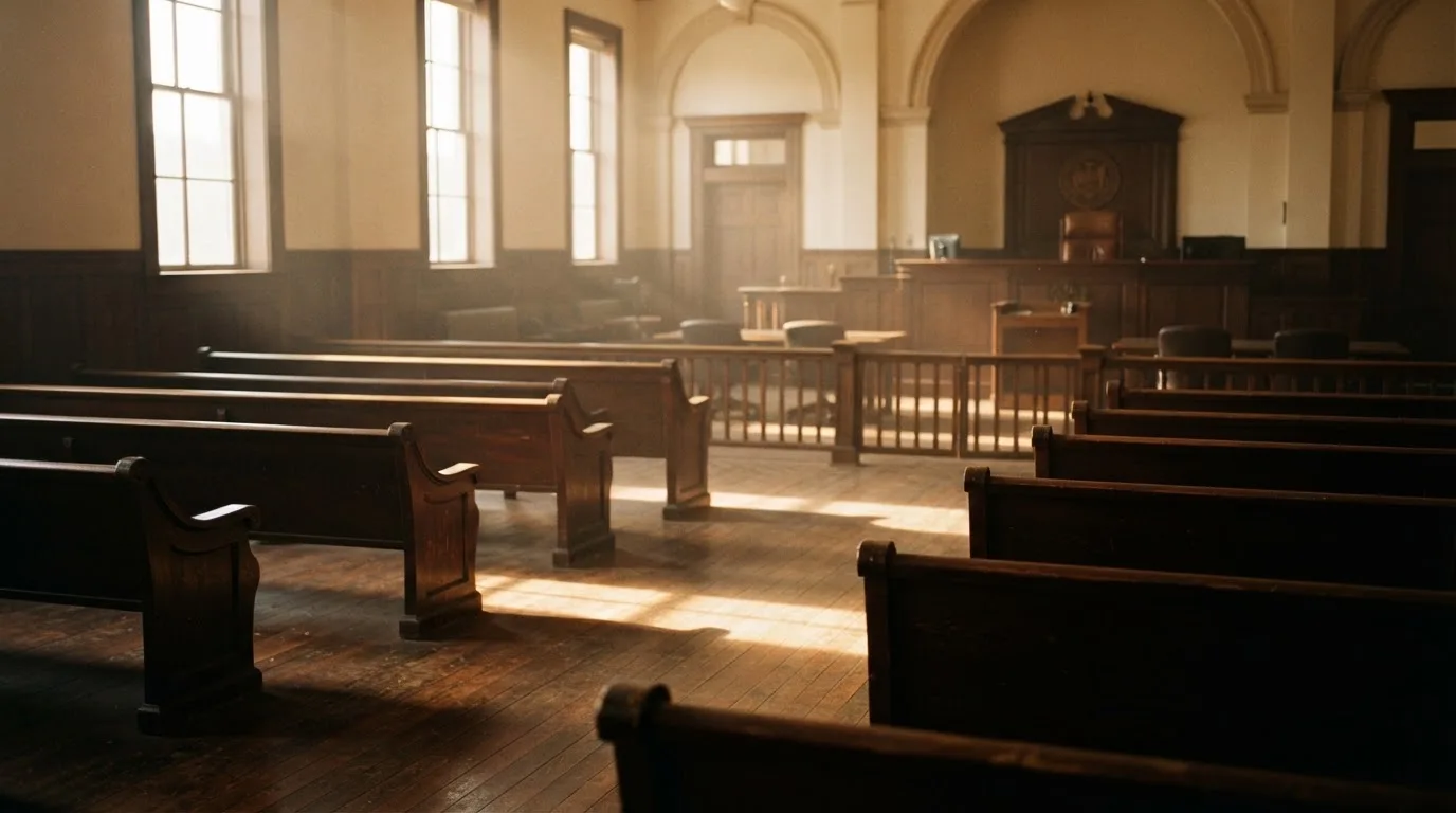 An empty courtroom with wooden benches in morning light
