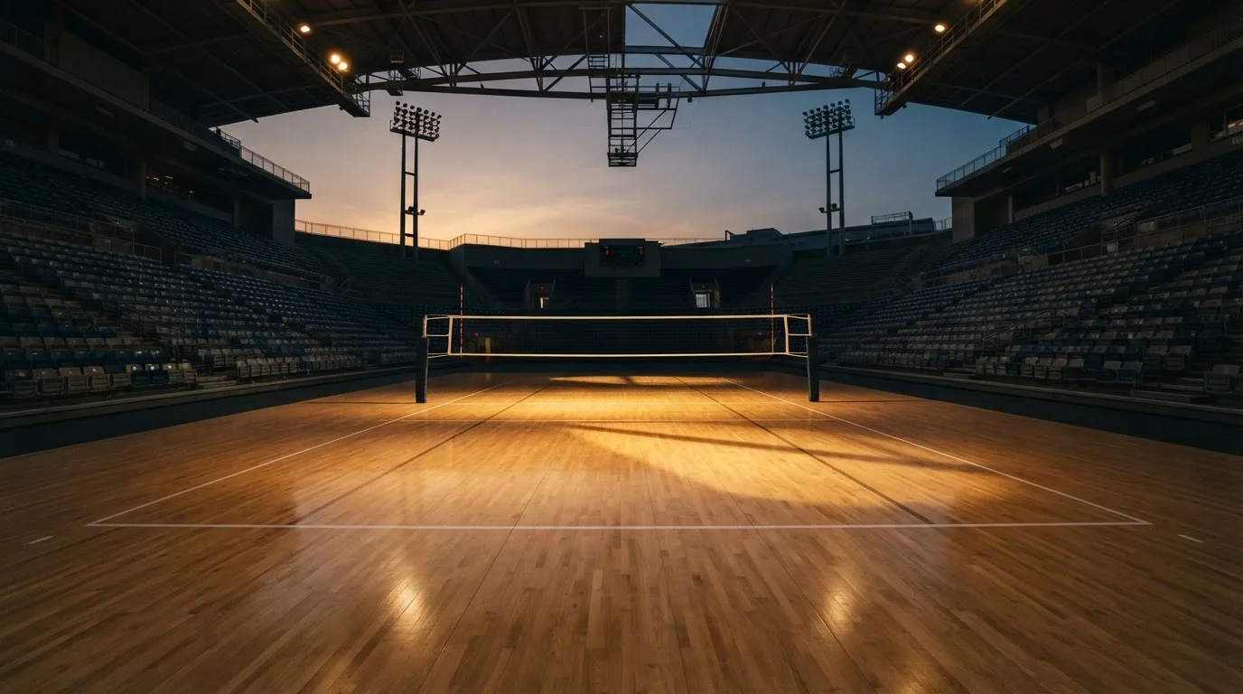 An empty football stadium with floodlight masts at dusk
