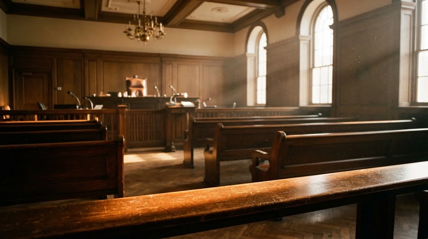 An empty courtroom with wooden benches in morning light
