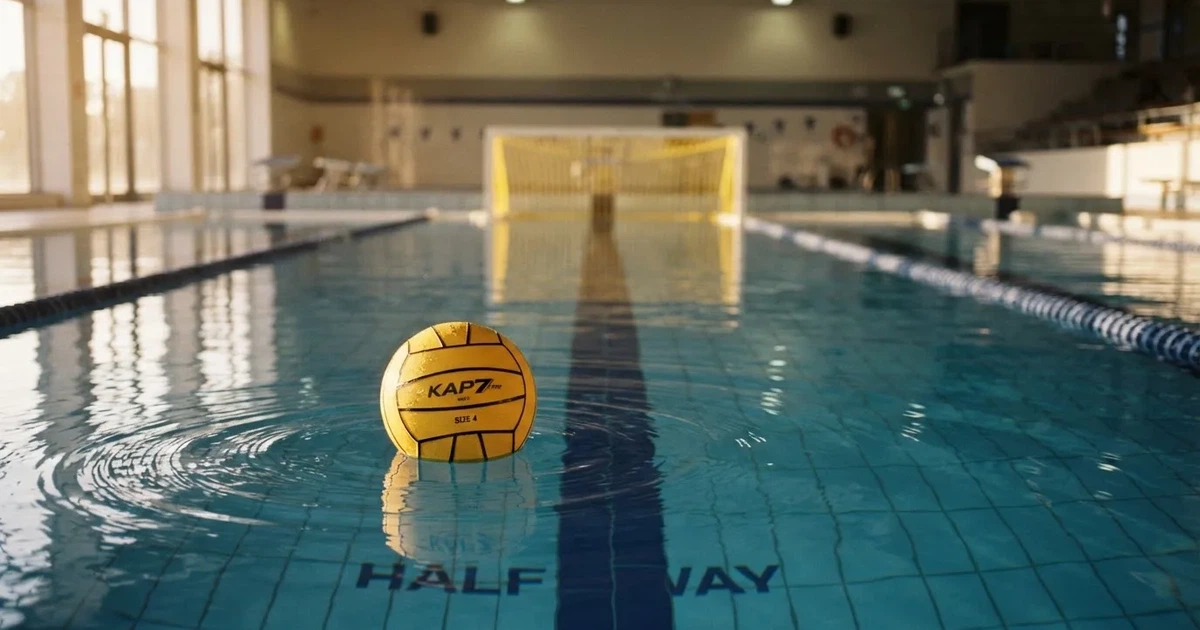 A ball on the centre spot of a grass pitch in morning light