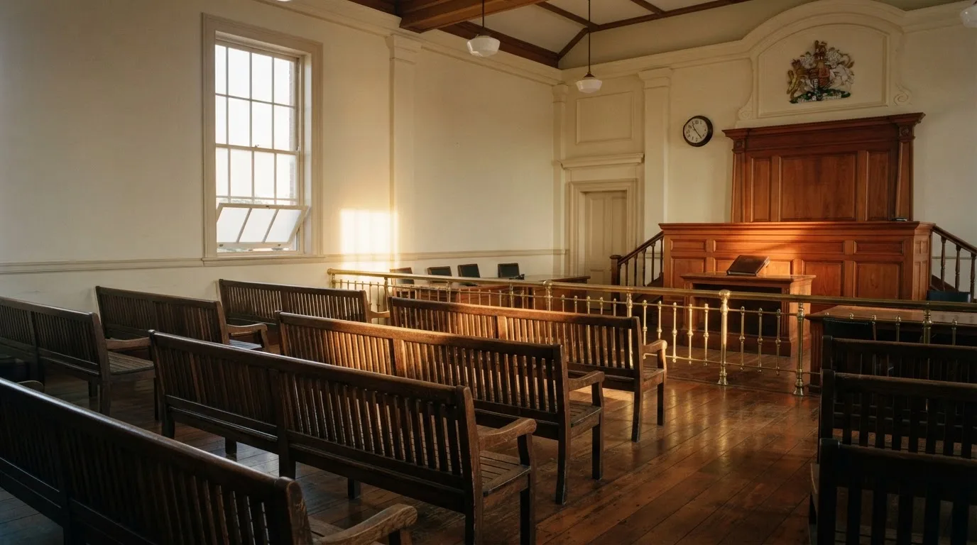 An empty courtroom with wooden benches in morning light