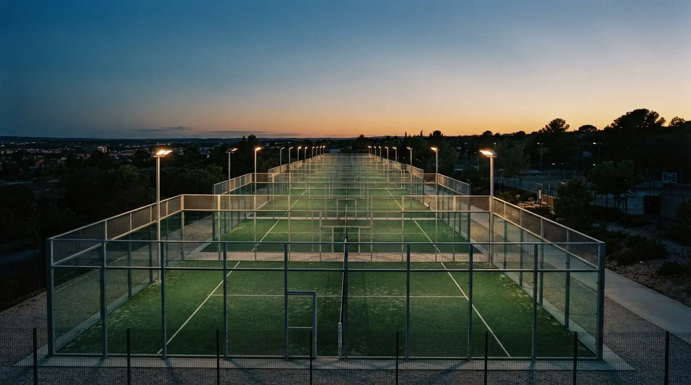 An empty football stadium with floodlight masts at dusk