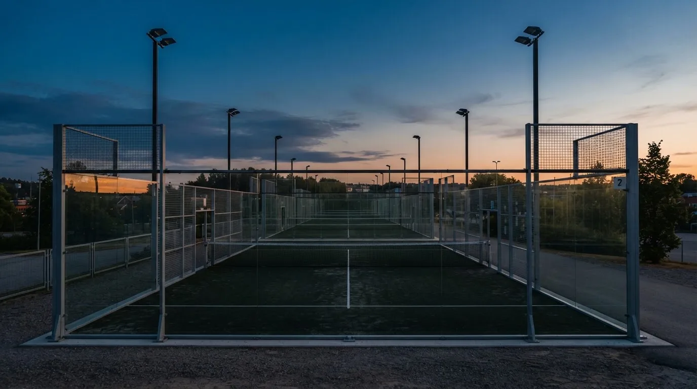 An empty football stadium with floodlight masts at dusk