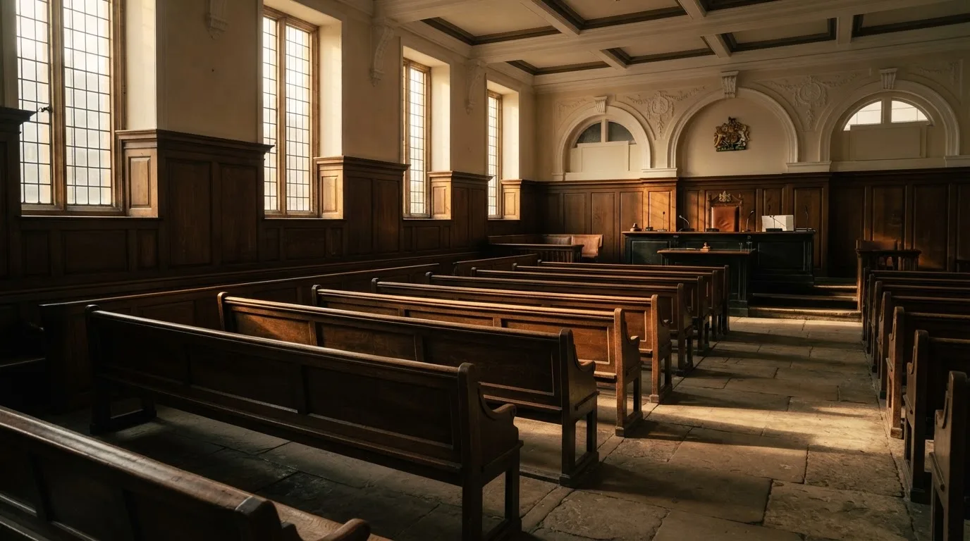 An empty courtroom with wooden benches in morning light