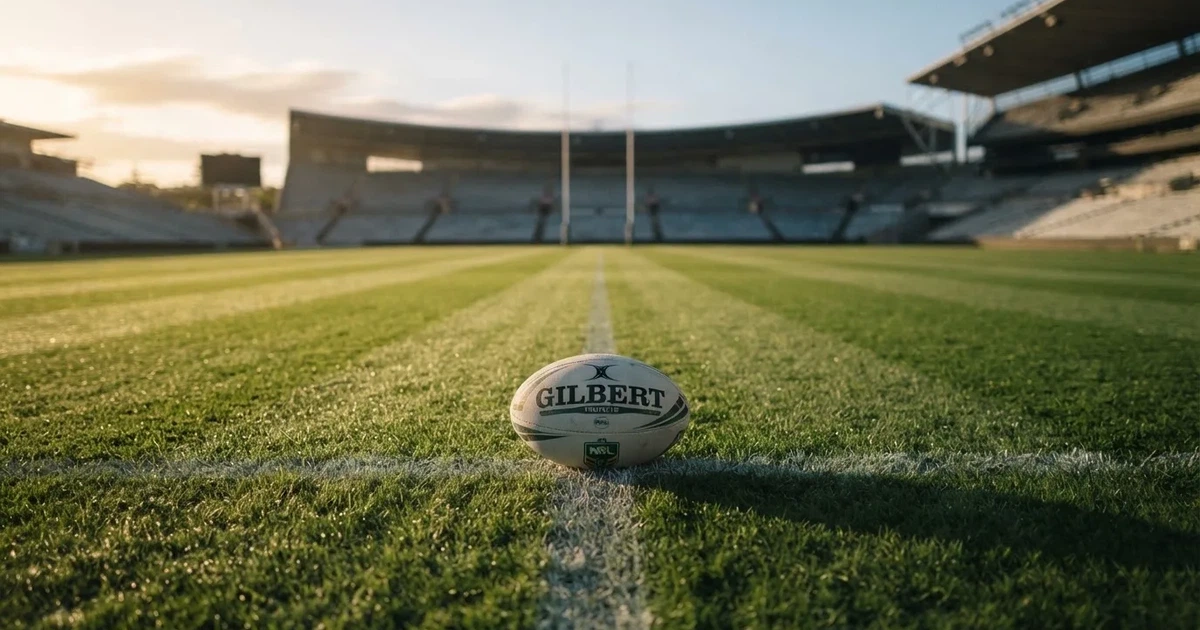 A ball on the centre spot of a grass pitch in morning light