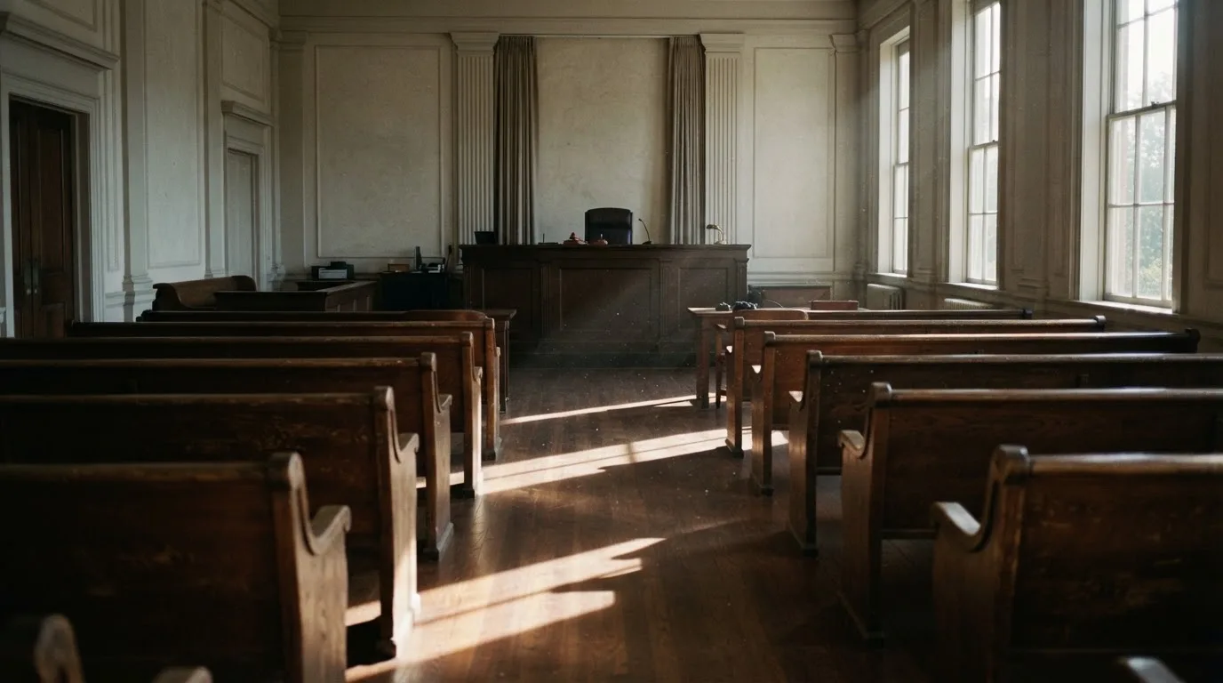 An empty courtroom with wooden benches in morning light