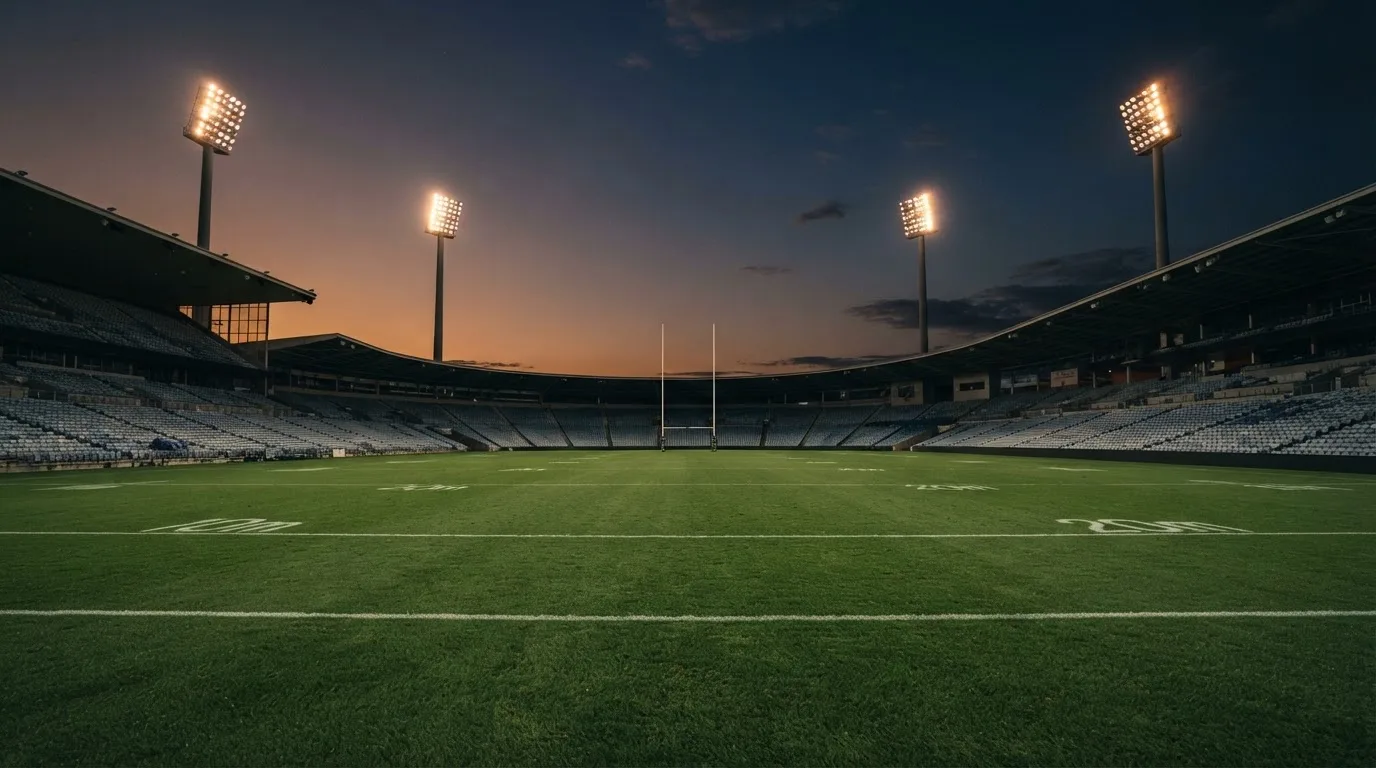 An empty football stadium with floodlight masts at dusk