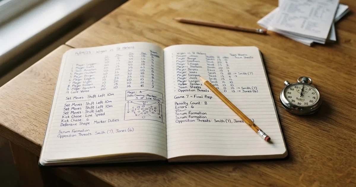 An open notebook with a pencil and a stopwatch on a wooden table