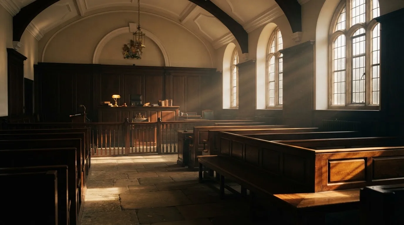 An empty courtroom with wooden benches in morning light