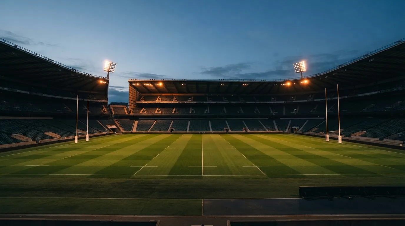 An empty football stadium with floodlight masts at dusk
