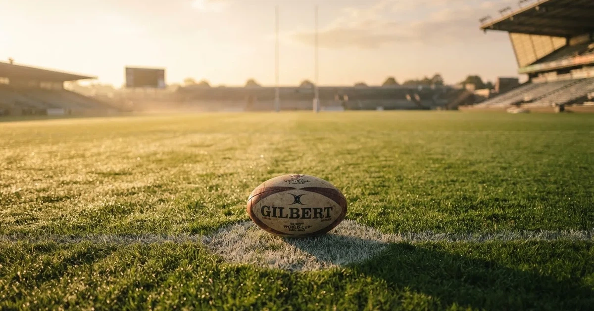 A ball on the centre spot of a grass pitch in morning light