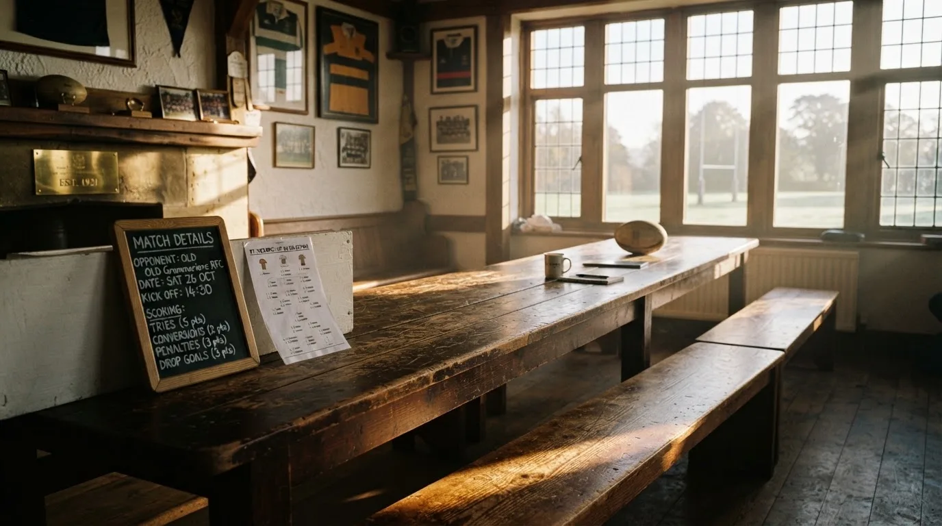 An empty courtroom with wooden benches in morning light