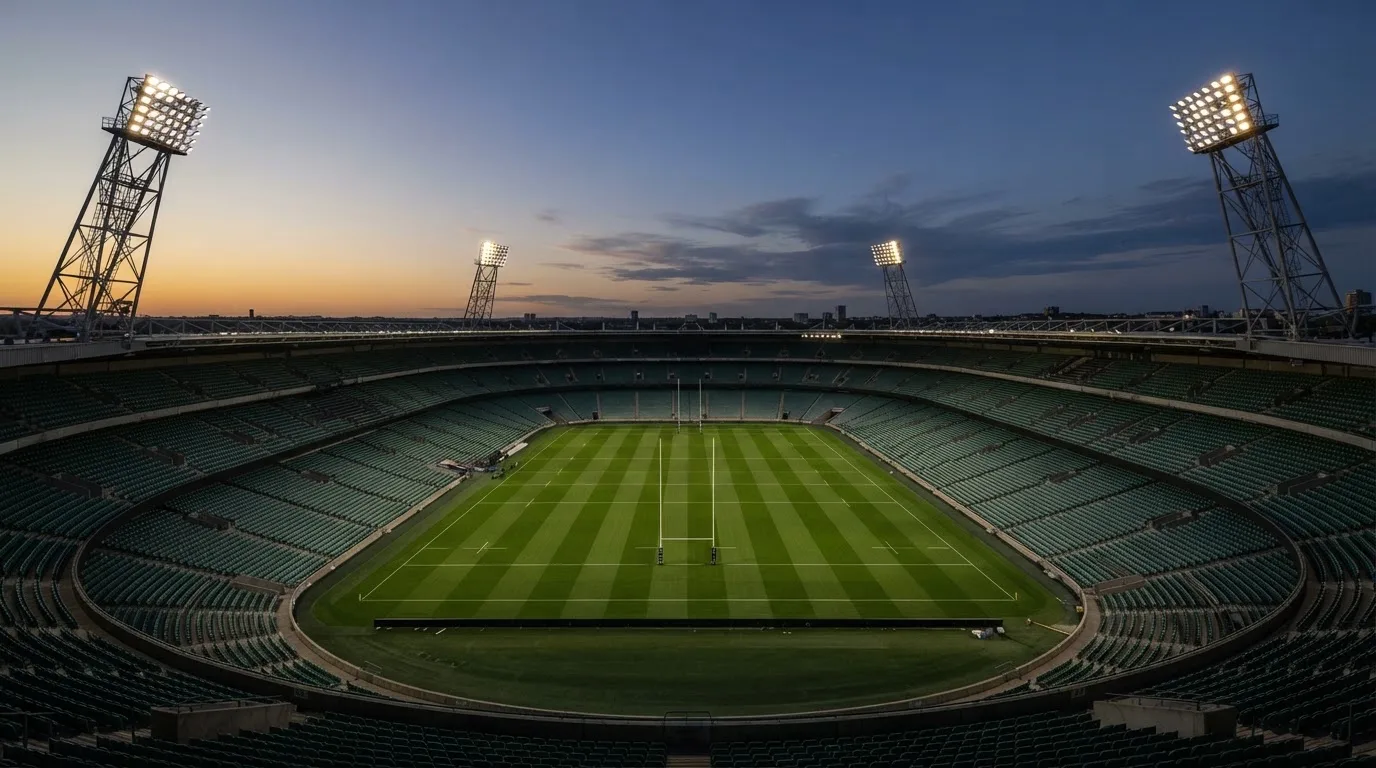 An empty football stadium with floodlight masts at dusk