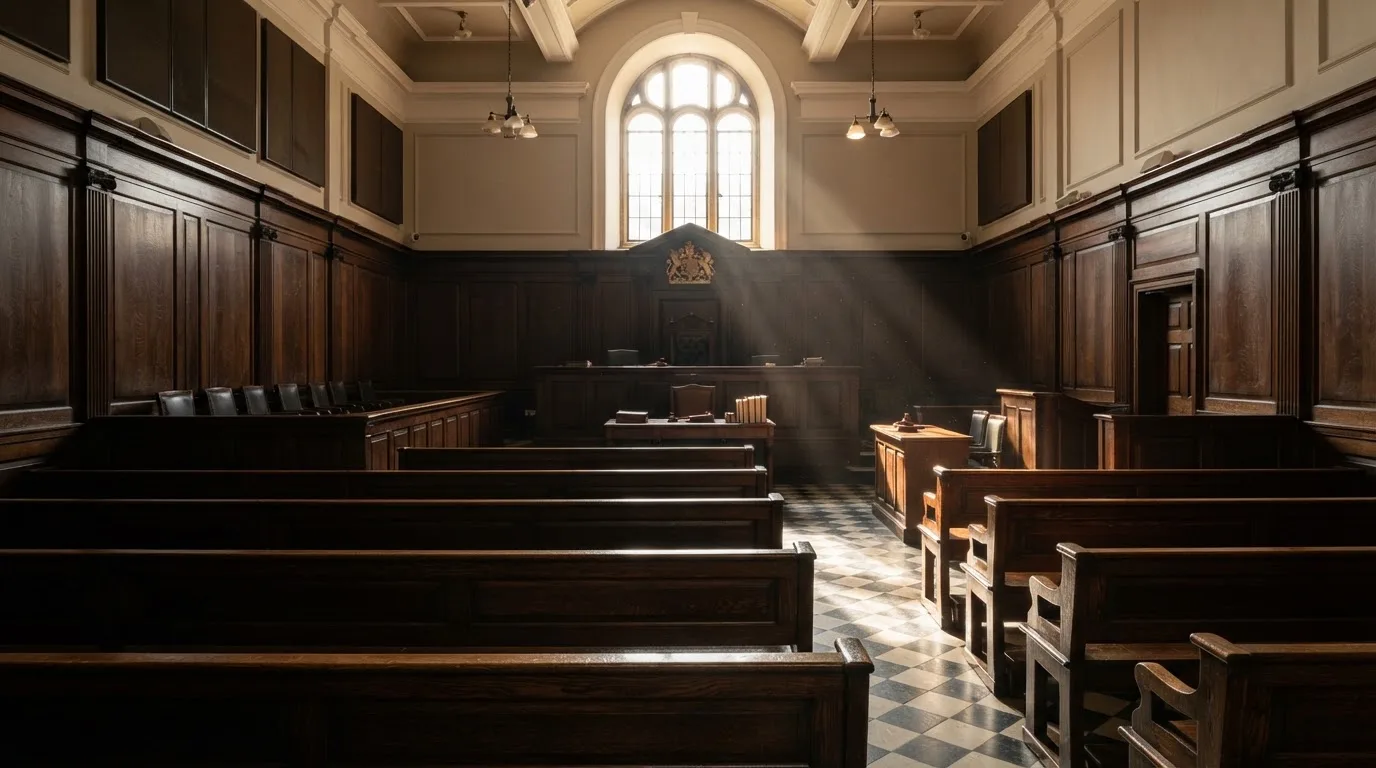 An empty courtroom with wooden benches in morning light