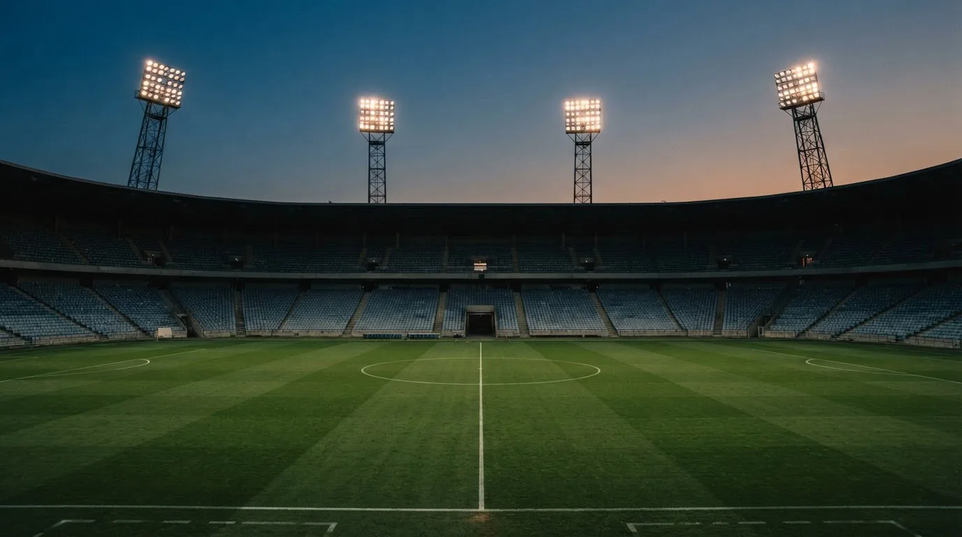 An empty football stadium with floodlight masts at dusk
