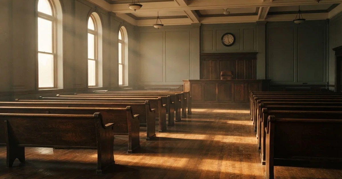 An empty courtroom with wooden benches in morning light