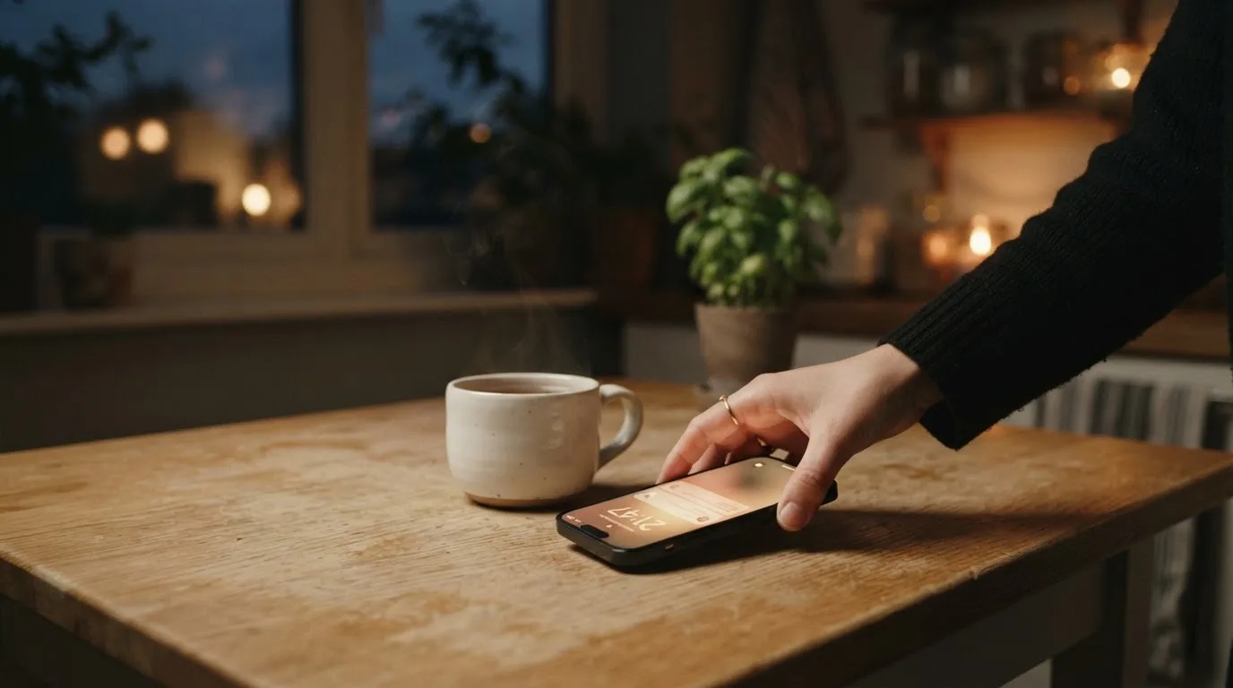 A hand setting a smartphone down beside a cup of tea on a kitchen table on a quiet evening