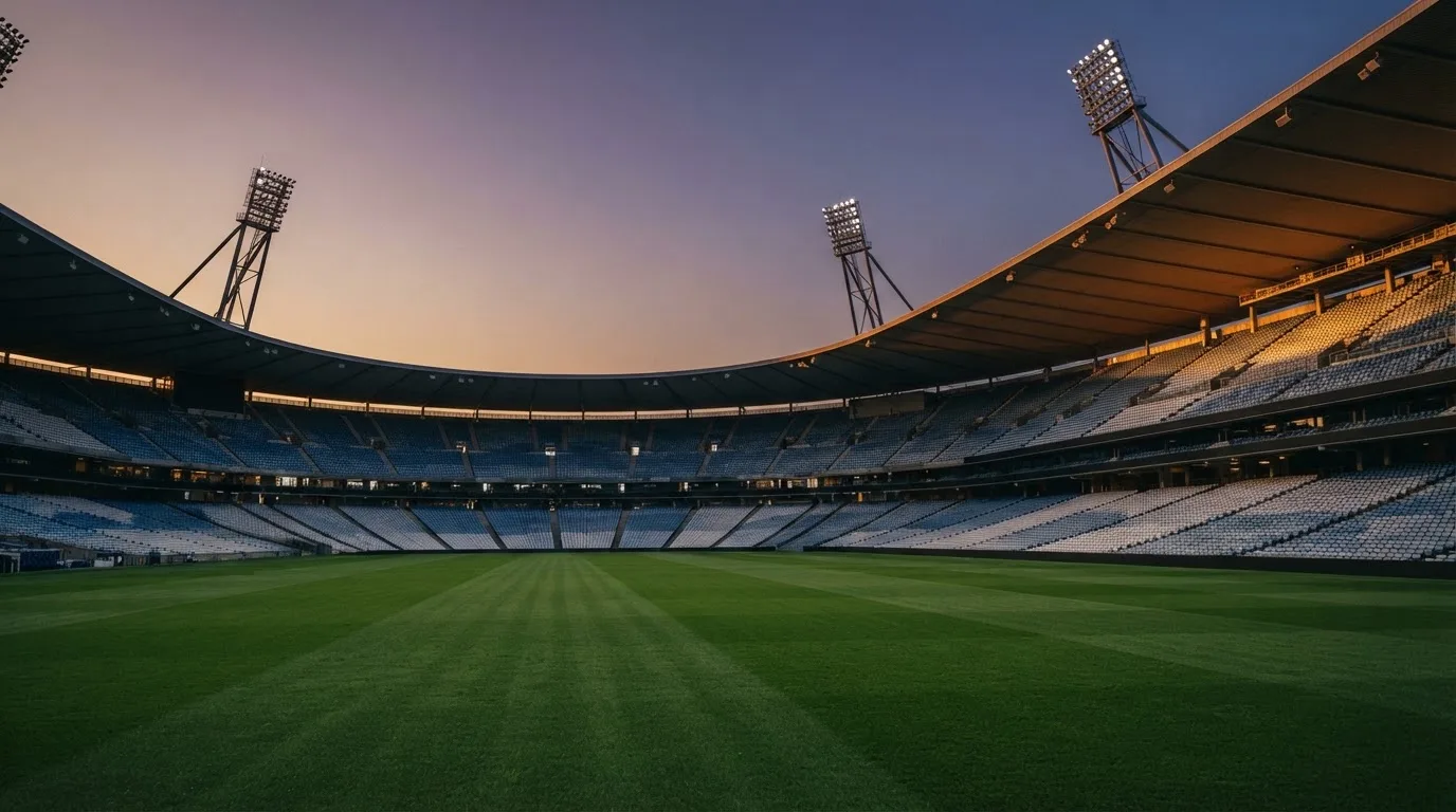 An empty football stadium with floodlight masts at dusk