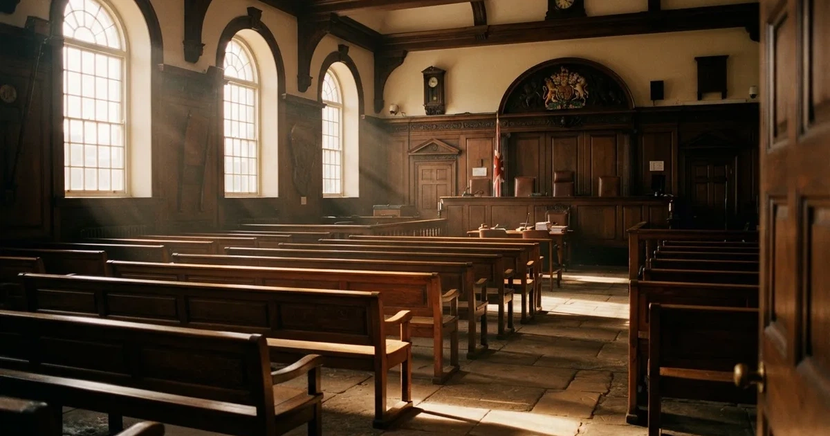An empty courtroom with wooden benches in morning light
