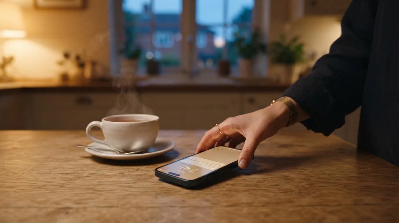A hand setting a smartphone down beside a cup of tea on a kitchen table on a quiet evening