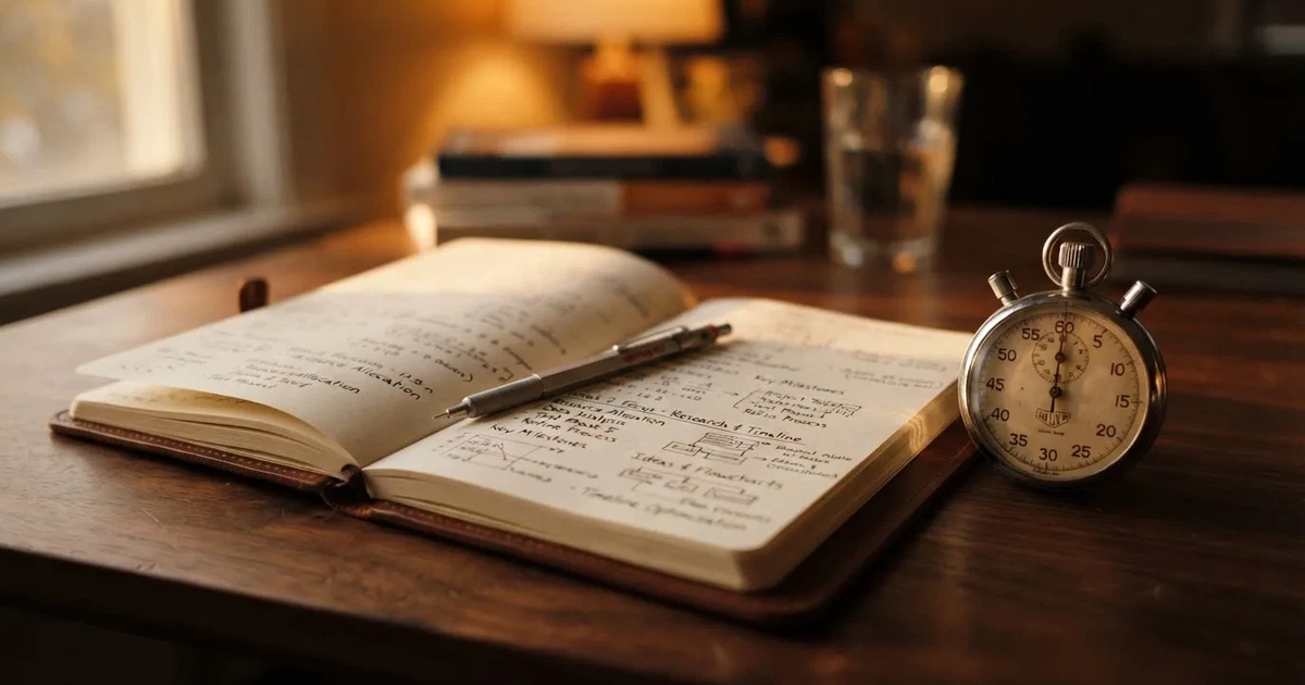 An open notebook with a pencil and a stopwatch on a wooden table
