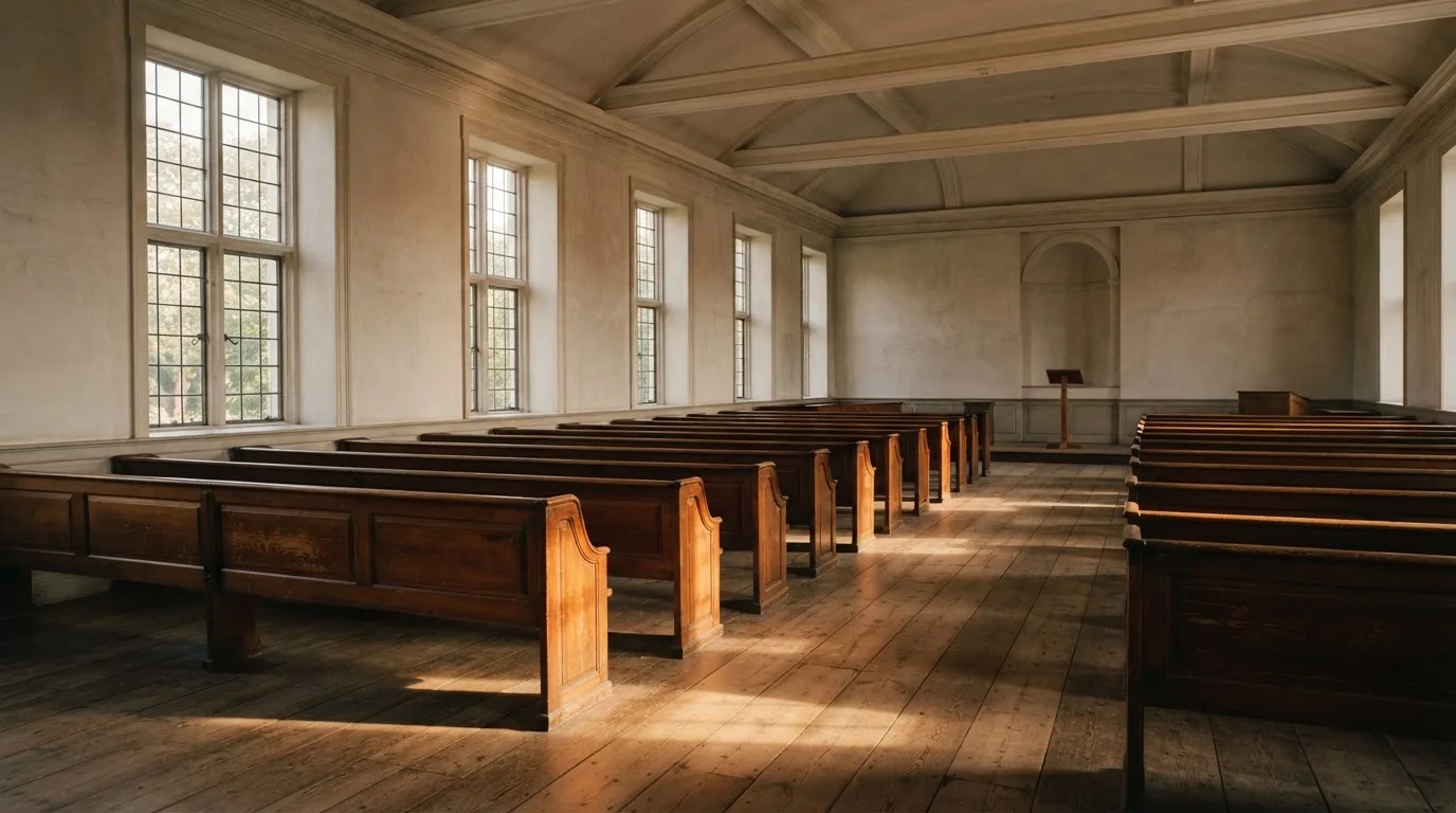 An empty courtroom with wooden benches in morning light