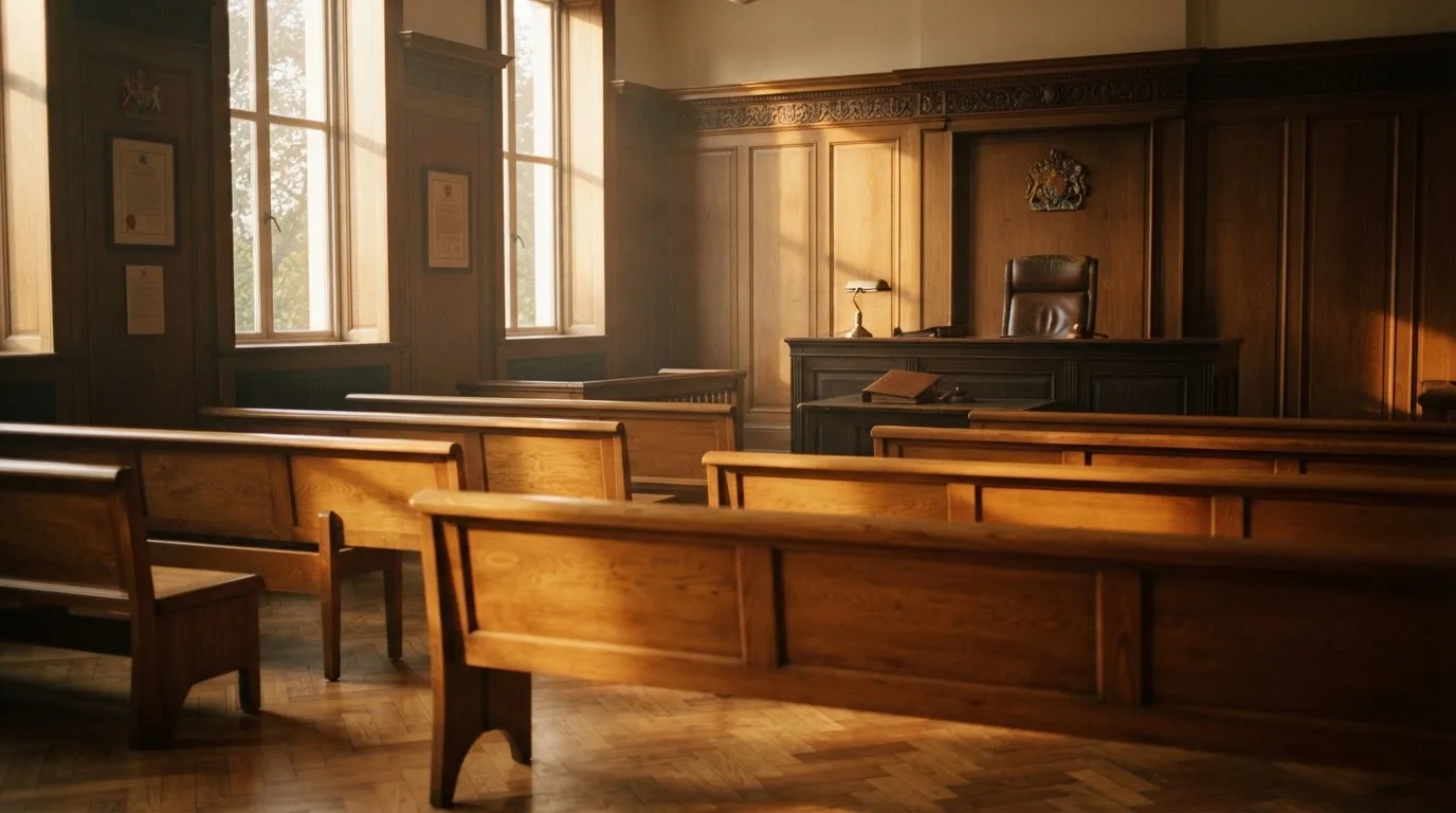 An empty courtroom with wooden benches in morning light